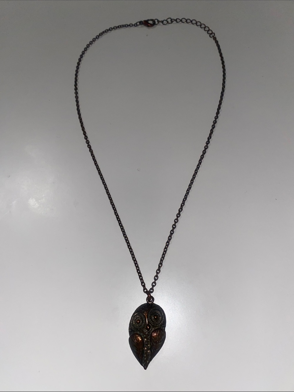 Owl Pendant Long Necklace in Antique Bronze